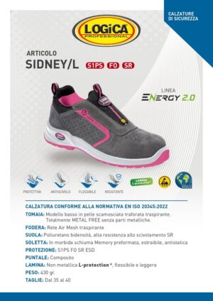 Logica Scarpe Antinfortunistica Bassa Donna Sidney S1PS FO SR ESD Grigia/Fucsia - Linea Energy 2.0 - immagine 2