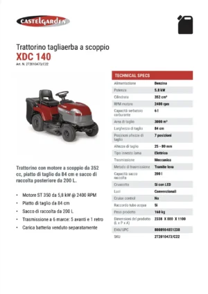 Castelgarden XDC 140 Trattorino Tagliaerba a benzina 352 cc Trasmissione 5 Marce Doppia Lama Sacco Di Raccolta Da 200 litri - immagine 3