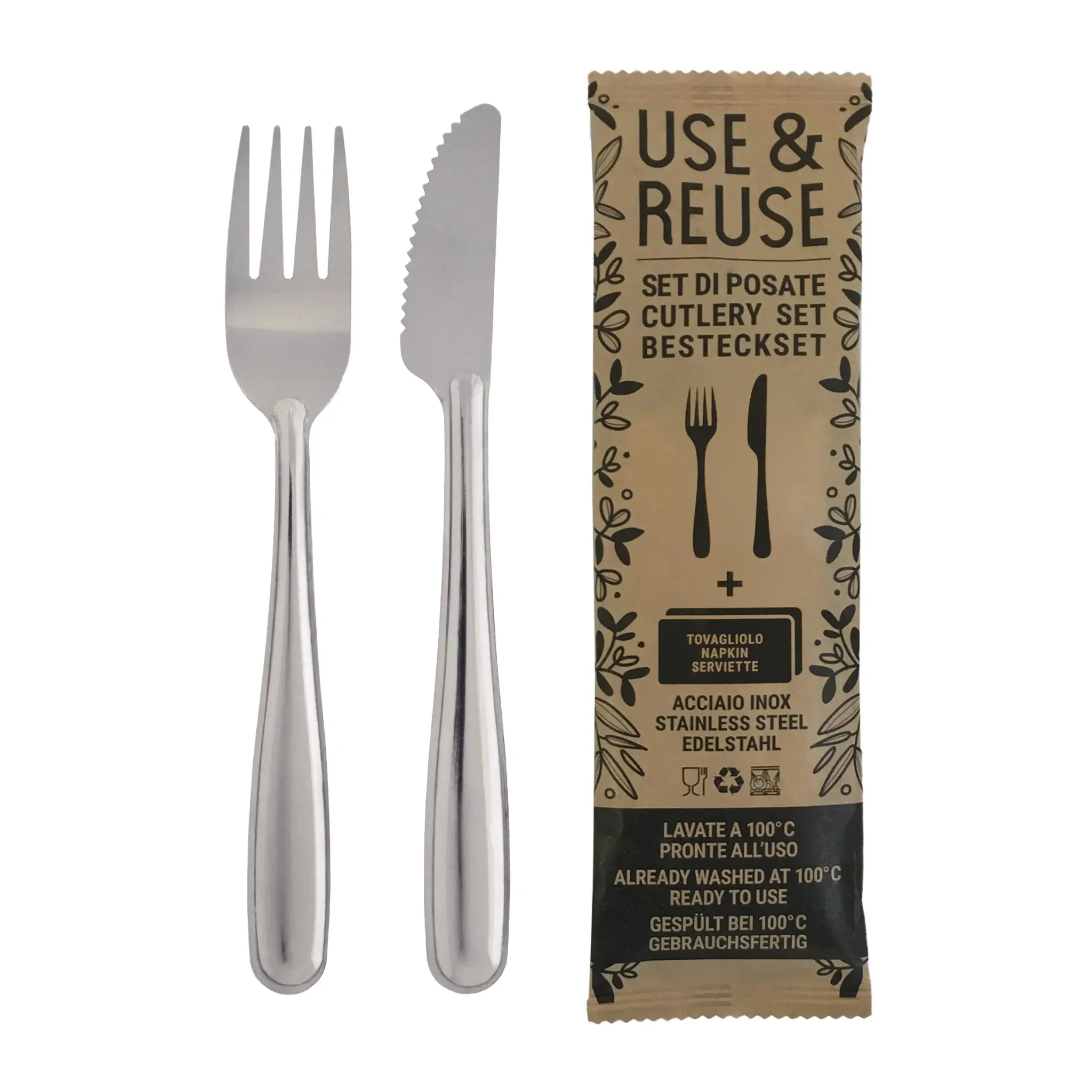 Pintinox Use&Reuse Confezione 2 Pz Forchetta + Coltello Acciaio Inox E Tovagliolo