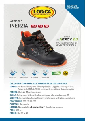 Logica INERZIA Scarpa Antinfortunistica Alta Sgancio Rapido Ideorepellente Pelle Nabuk SR S3S ESD FO - immagine 2