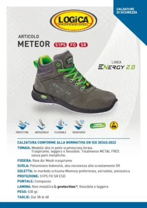 Logica METEOR Scarpa Antinfortunistica Alta Traspirante Pelle Scamosciata SR S1PS ESD FO - immagine 2