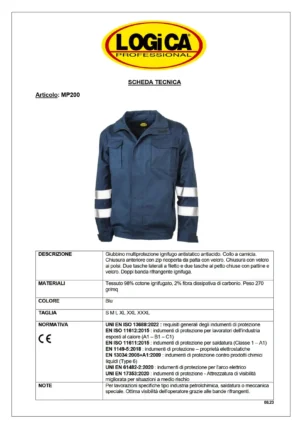 Logica MP200 Giubbino Multiprotezione Pentavalente Ignifugo Antistatico Antiacido. 98% Cotone 2% Fibra Di Carbonio - immagine 2