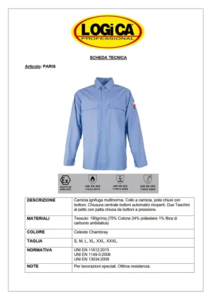 Logica Paris Camicia ignifuga Multiprotezione Trivalente Collo A Camicia, Polsi Chiusi Con Bottoni. - immagine 2