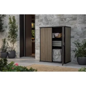 Keter Porta Attrezzi Da Esterno Vertical Shed Venetian Ideale Per Il Giardino Finitura Effetto Legno Doghe 1 m² - immagine 4