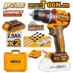 INGCO Trapano A Percussione Brushless A Batteria Con Caricabatteria E 2 Batterie Inclusi + Kit Per Lavori A Casa